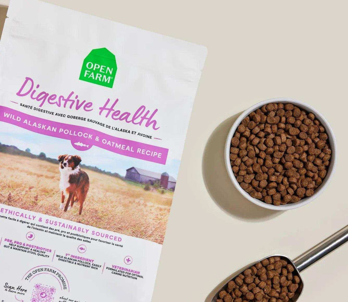 Dry dog kibble with Open Farm Pollock & Oatmeal Digestive Health packaging, featuring brown round pieces and a purple label.