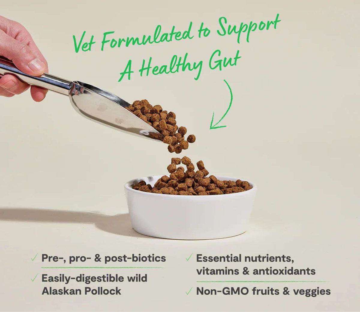 Dry dog kibble with small brown pieces being scooped into a white bowl; Pollock & Oatmeal Digestive Health formula.