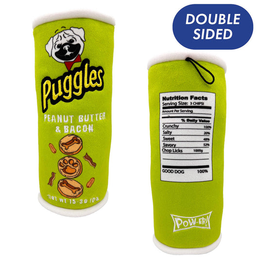Puggles Can Dog Toy double sided plush with squeaker and reinforced seams