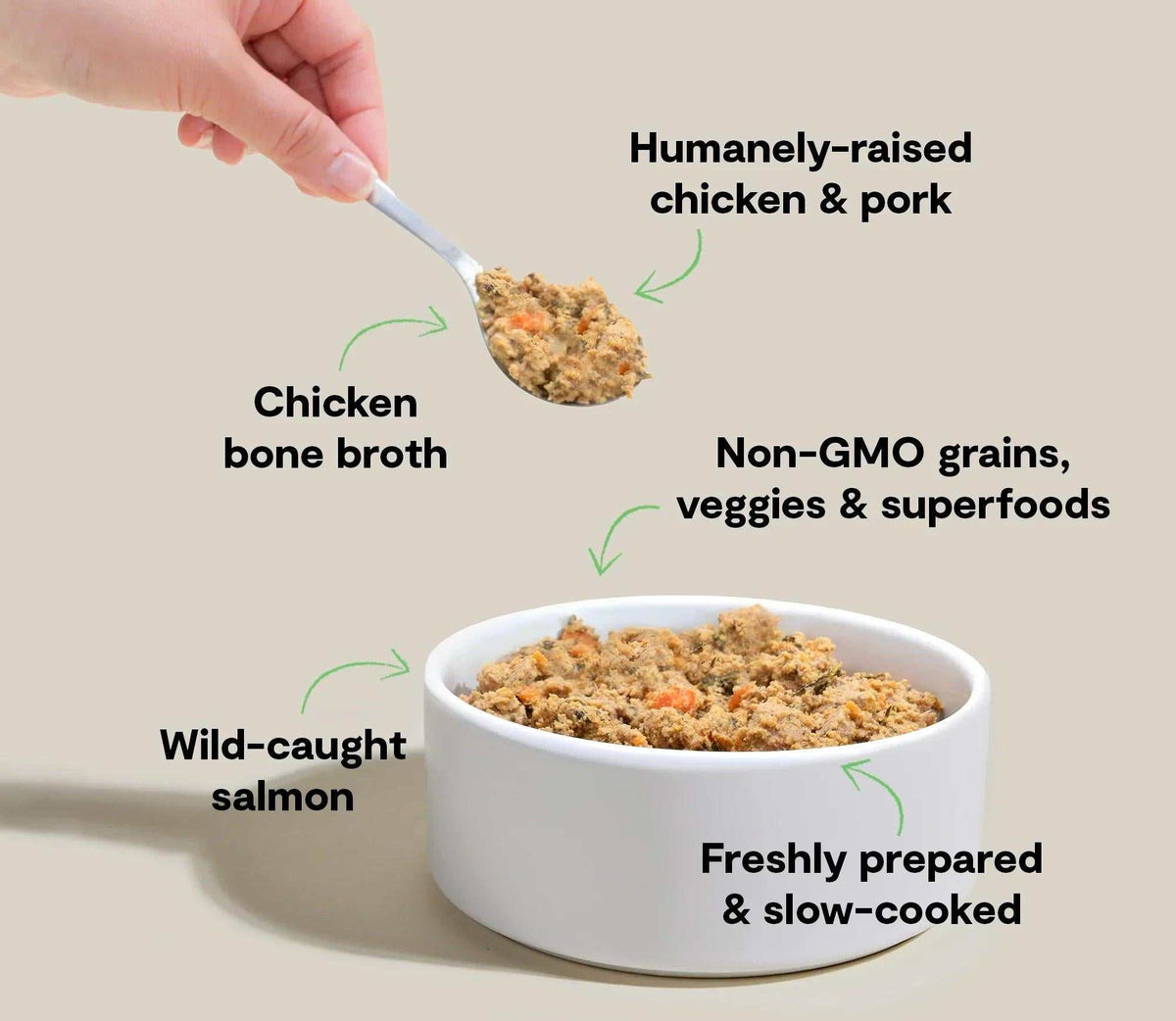 Puppy Grain-Free dog food, freshly cooked brown kibble with visible orange and green pieces in a white bowl
