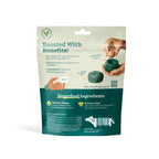 Pupsicle Pops treat pouch in pale green and dark teal, with illustrated benefits, ingredient details, and a resealable top.