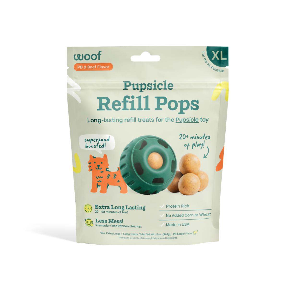 Pupsicle Pops dog treats packaging with beef flavor, long-lasting entertainment, and real meat.