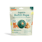 Pupsicle Pops refill treats in a pale green resealable pouch, featuring peanut butter and beef flavor text and tan round treats.