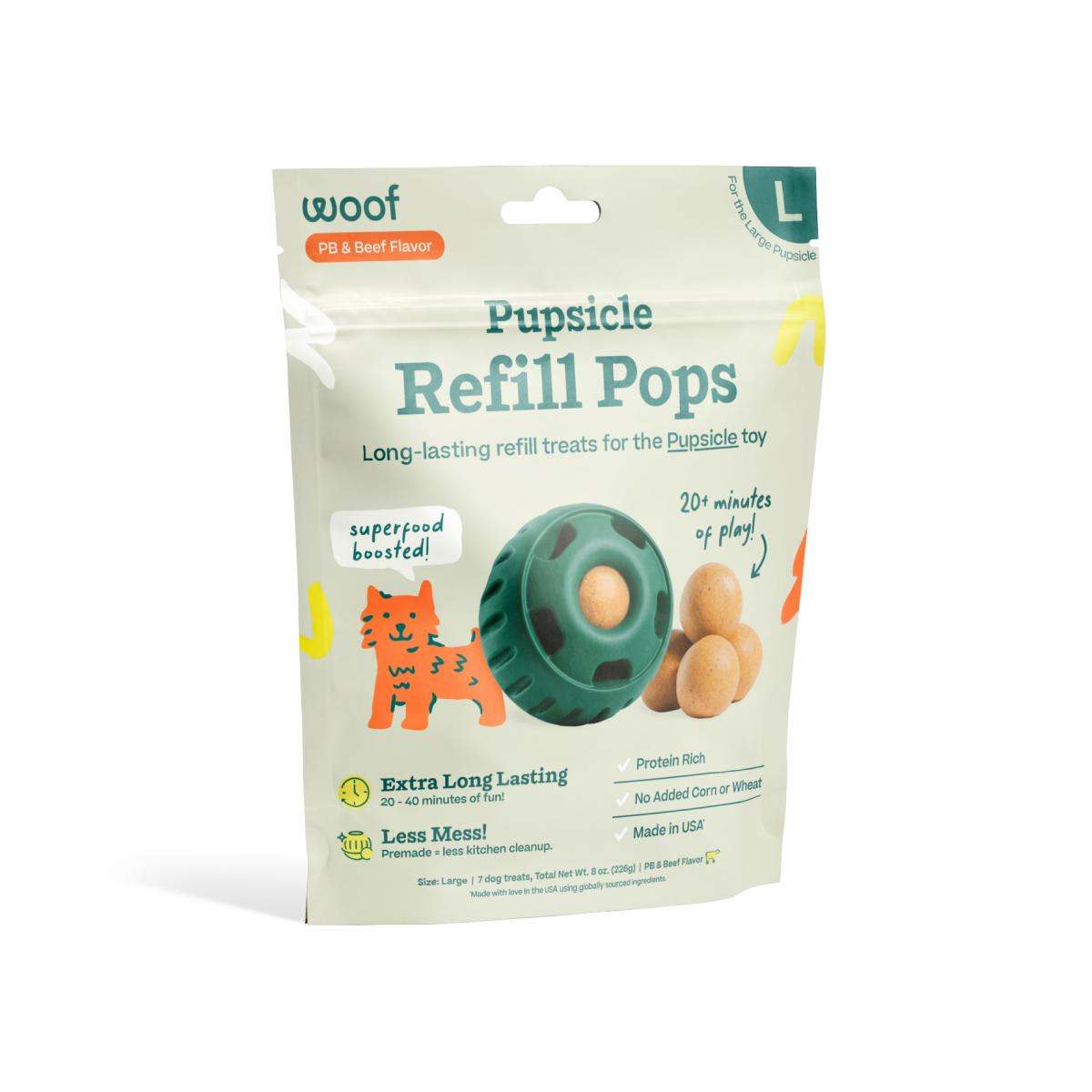 Pupsicle Pops refill treats in a pale green and cream pouch, featuring teal lettering, orange accents, and a toy illustration.