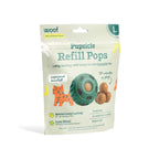 Pupsicle Pops dog treat refills in a cream pouch with teal and yellow graphics, featuring a long-lasting chew design