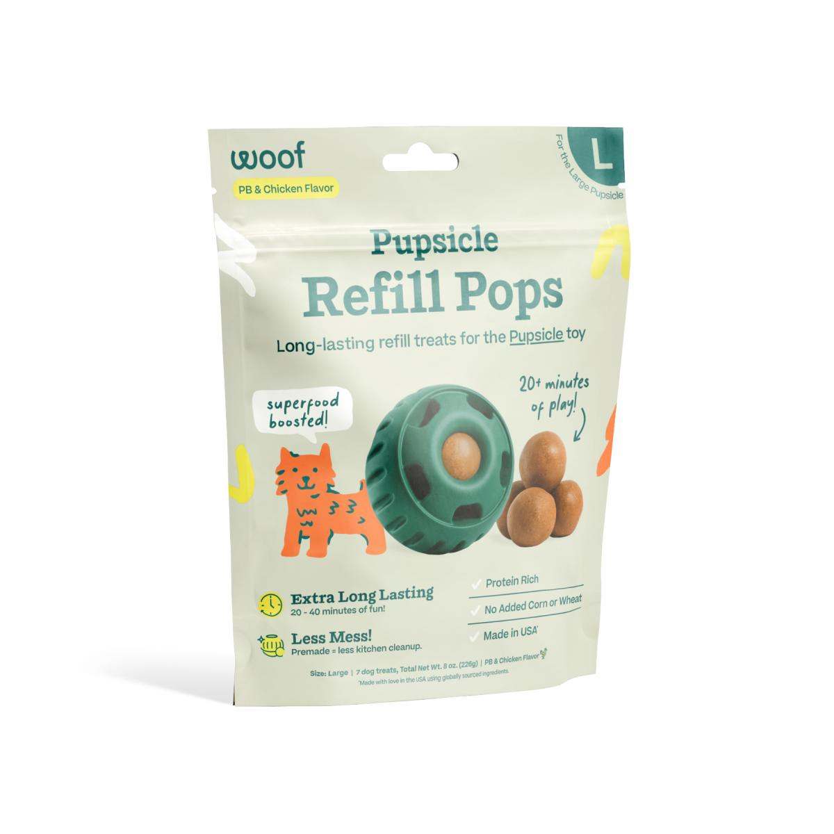 Pupsicle Pops dog treat refills in a cream pouch with teal and yellow graphics, featuring a long-lasting chew design