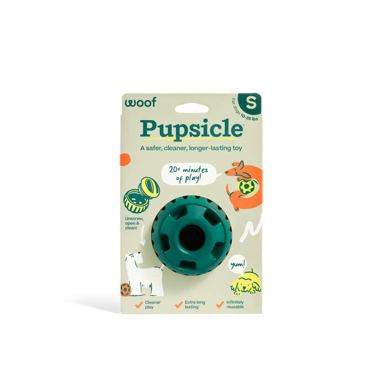 Pupsicle enrichment toy in teal natural rubber, round with a central opening, packaged as a small-size dog treat toy.