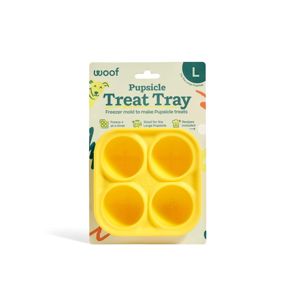 Pupsicle Treat Tray, bright yellow silicone mold with four round wells for making frozen dog treats, in retail packaging.