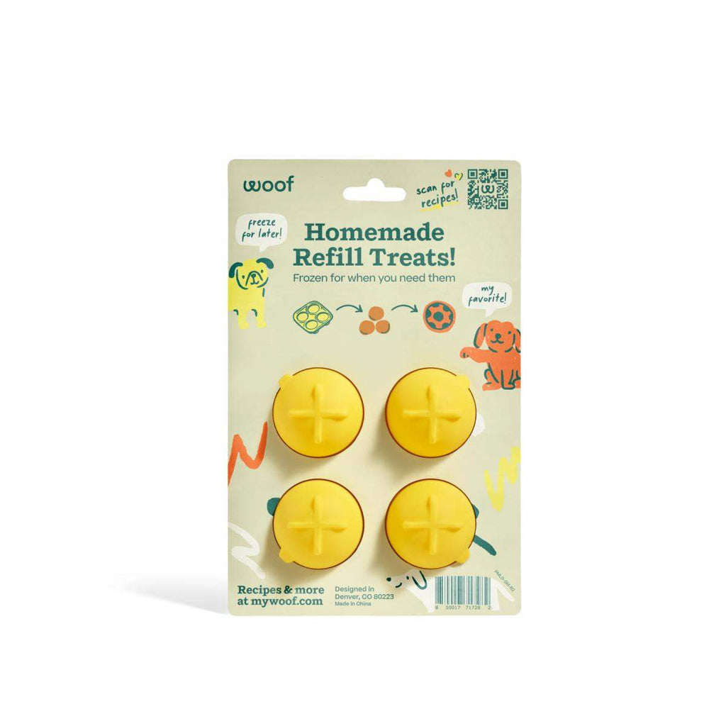 Pupsicle Treat Tray with four round yellow silicone molds, each featuring a raised cross-shaped center.