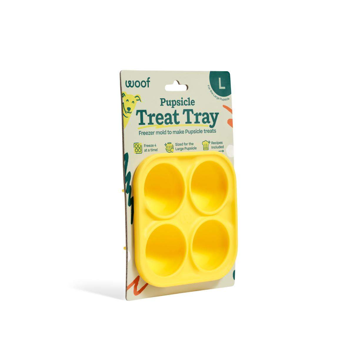 Pupsicle Treat Tray, a bright yellow silicone mold with four rounded wells for making frozen dog treats.