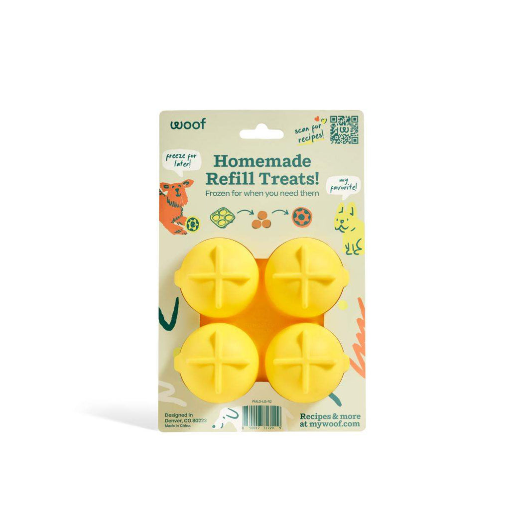 Pupsicle Treat Tray, yellow silicone mold with four round cavities, each divided into four sections.