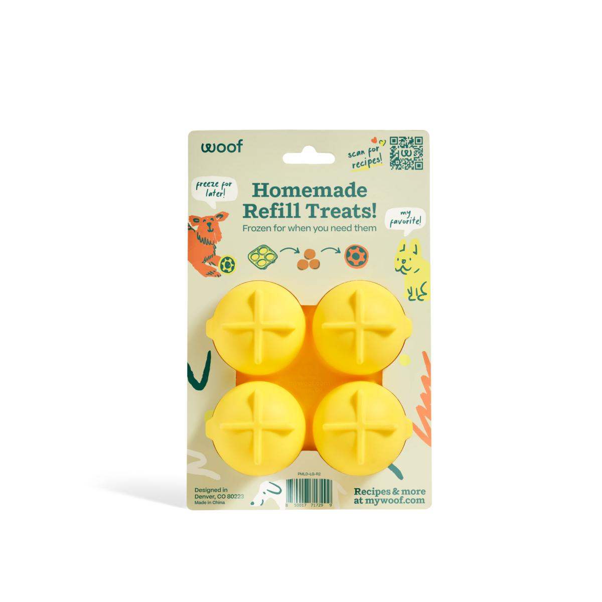 Pupsicle Treat Tray, yellow silicone mold with four round cavities, each divided into four sections.