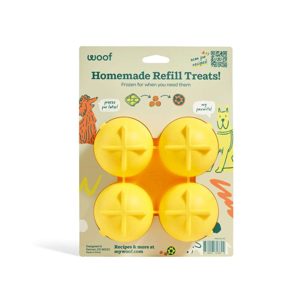 Pupsicle Treat Tray, yellow silicone mold with four round compartments, each divided into four sections.