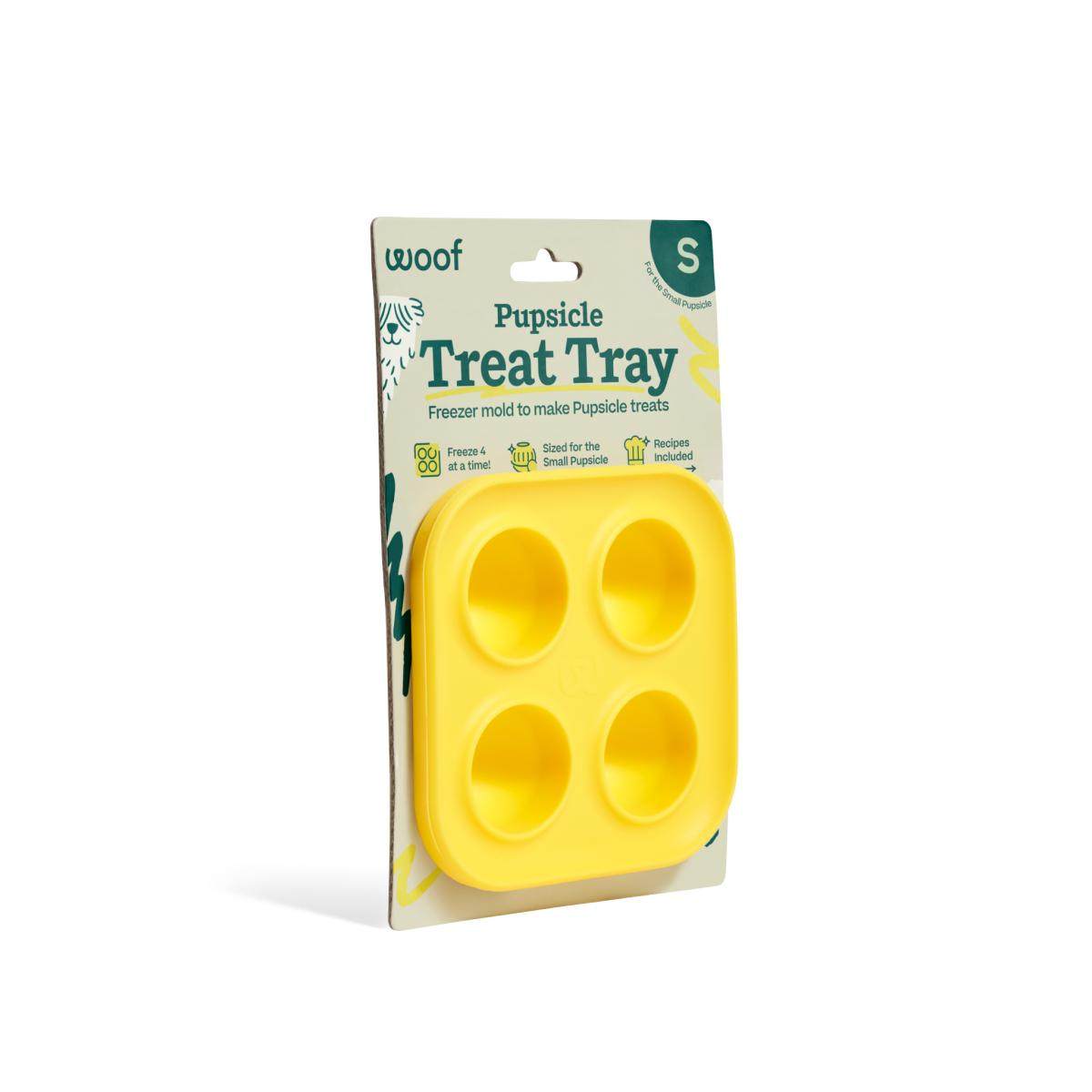 Pupsicle Treat Tray, bright yellow silicone mold with four round treat cavities and retail packaging.