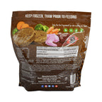 Rabbit Duck raw dog food in a brown frozen pouch, illustrated with rabbit meat, duck organs and vegetables