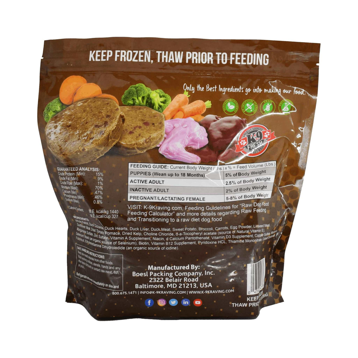 Rabbit Duck raw dog food in a brown frozen pouch, illustrated with rabbit meat, duck organs and vegetables