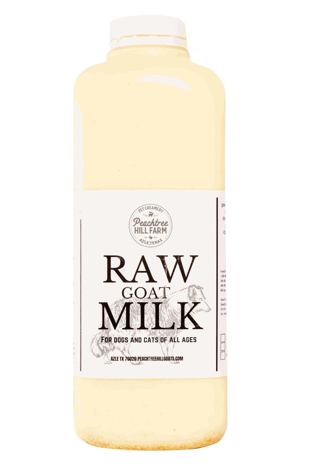 Goat Milk in a clear plastic bottle, pale cream liquid, white label with bold black lettering and screw cap