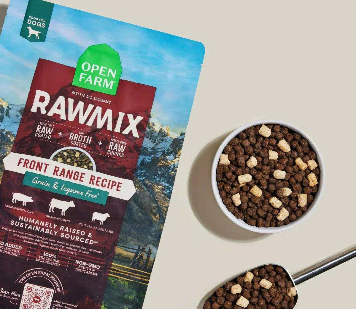 RawMix Front Range dog kibble in a red and green bag, with brown kibble and light freeze-dried pieces in a bowl.