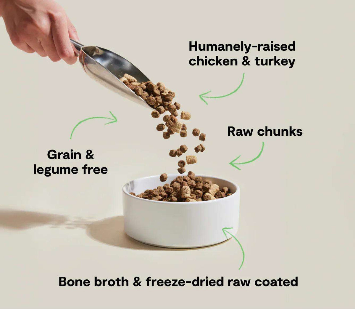 RawMix Open Prairie grain-free dog kibble with brown crunchy pieces and freeze-dried raw chunks in a white bowl.