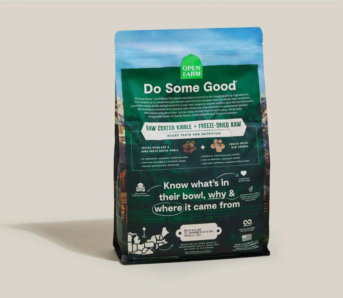 RawMix Open Prairie dog kibble in a dark green resealable bag with white lettering and a blue top panel.