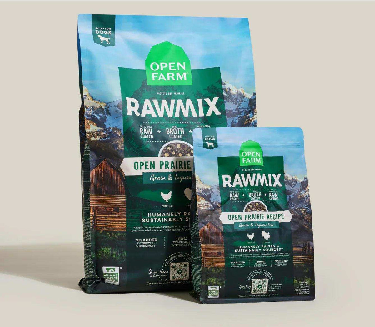 RawMix Open Prairie dog kibble in teal and green bags, featuring mountain artwork and freeze-dried raw pieces.