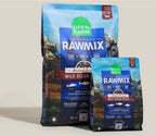 RawMix Wild Ocean dog kibble in blue bags with ocean artwork, ancient grains labeling, and freeze-dried raw pieces.