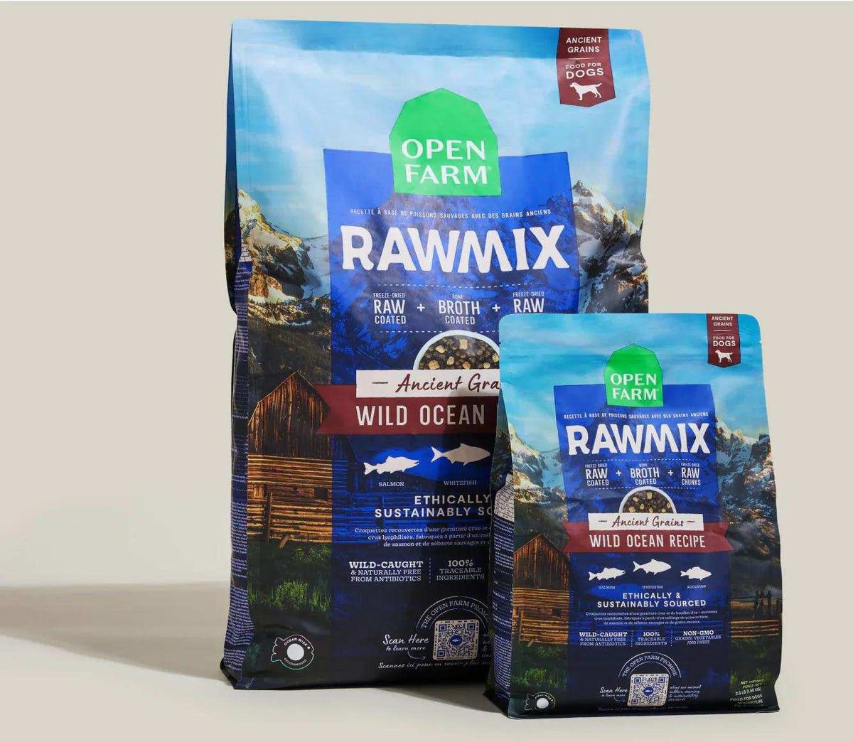 RawMix Wild Ocean dog kibble in blue bags with ocean artwork, ancient grains labeling, and freeze-dried raw pieces.