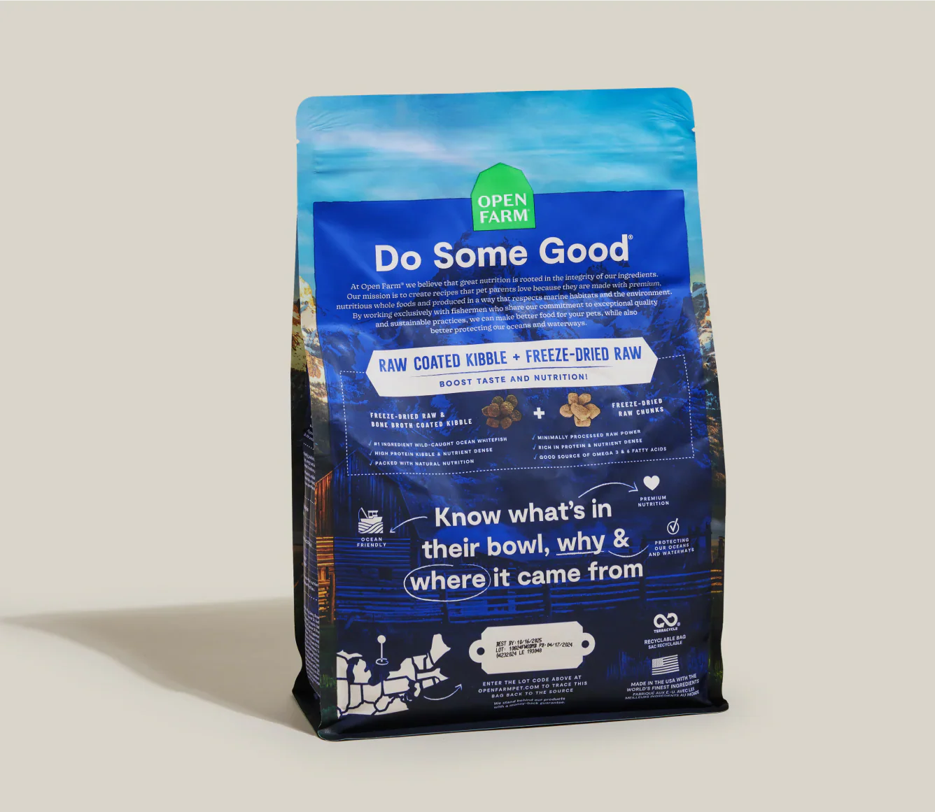 RawMix Wild Ocean Ancient Grains dog kibble with wild-caught fish, bone broth coating, freeze-dried raw chunks, and nutrient-rich ancient grains for balanced canine nutrition.