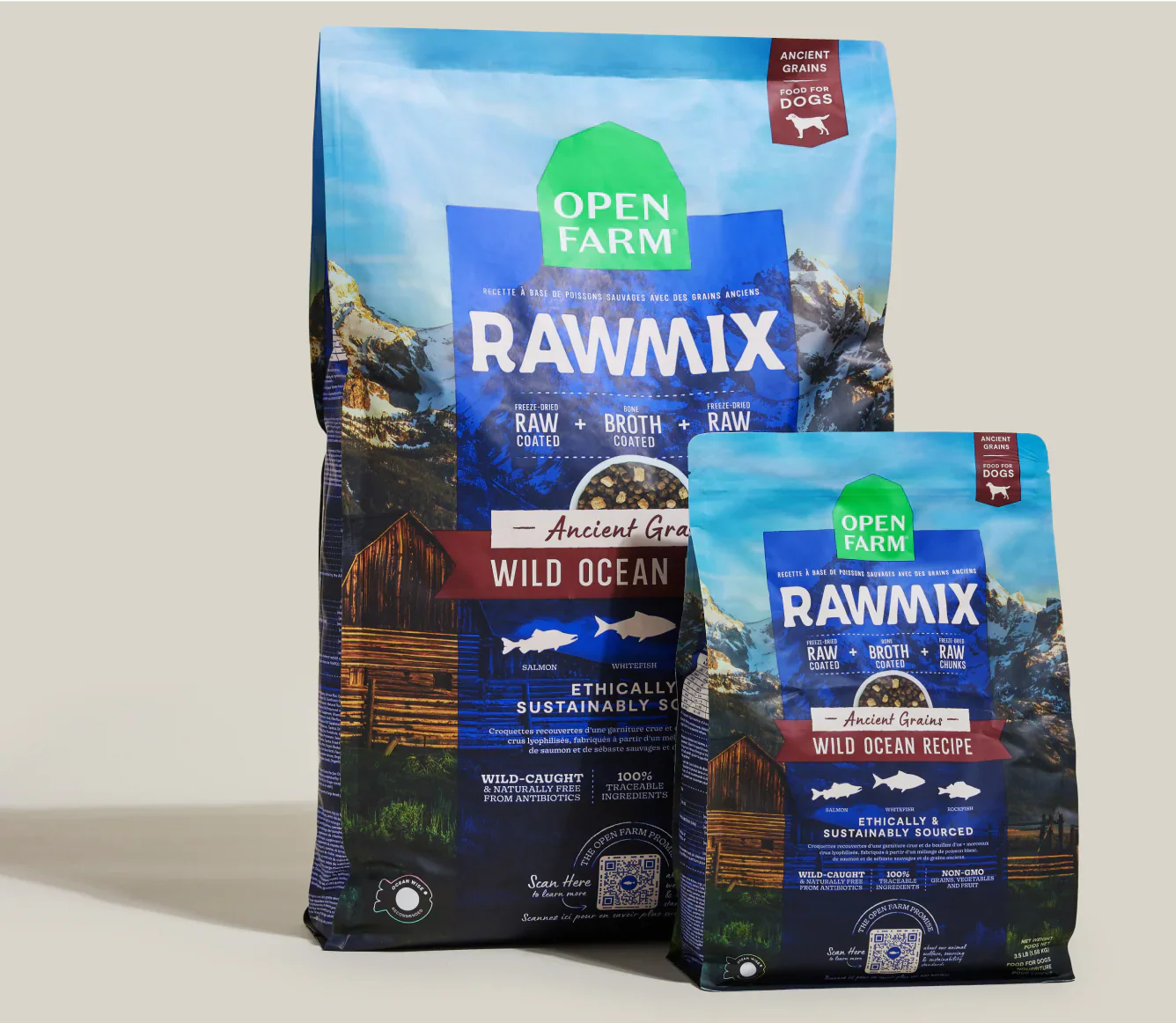 Open Farm RawMix Wild Ocean Ancient Grains dog kibble with wild-caught fish and nutrient-rich ancient grains.