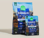 Grain-free dog kibble in blue and green bags, RawMix Wild Ocean recipe with ocean-inspired graphics and freeze-dried raw pieces.