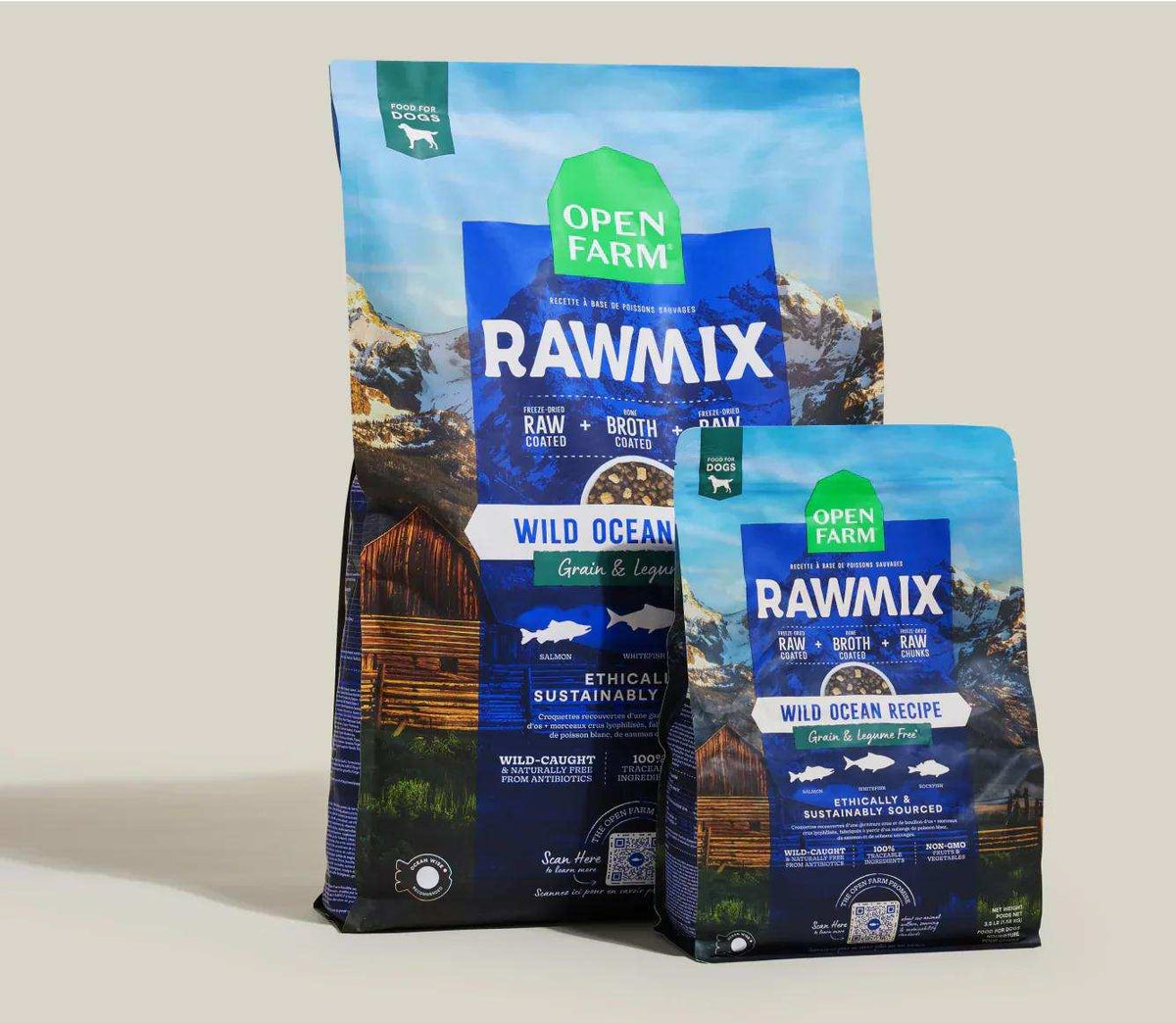 Grain-free dog kibble in blue and green bags, RawMix Wild Ocean recipe with ocean-inspired graphics and freeze-dried raw pieces.