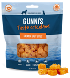 Gunni's Taste of Iceland Salmon Baby Bites dog treats in blue resealable bag, small crunchy orange salmon pieces labeled Salmon Recipe Wafers.
