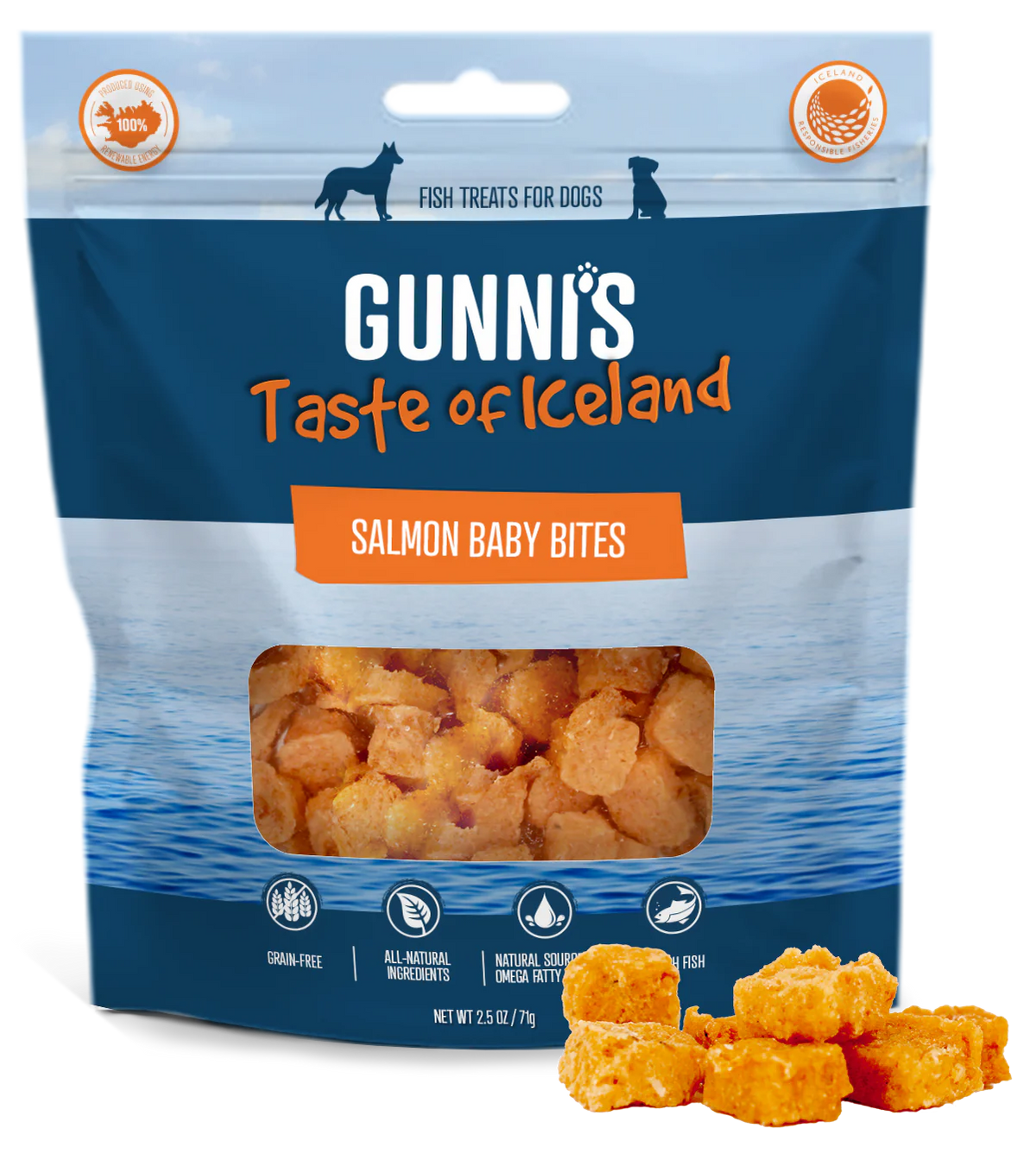 Gunni's Taste of Iceland Salmon Baby Bites dog treats in blue resealable bag, small crunchy orange salmon pieces labeled Salmon Recipe Wafers.