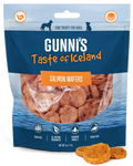 Gunni's Salmon Recipe Wafers dog treats in blue resealable bag, orange-brown thin fish wafers, grain-free and omega-3 rich.