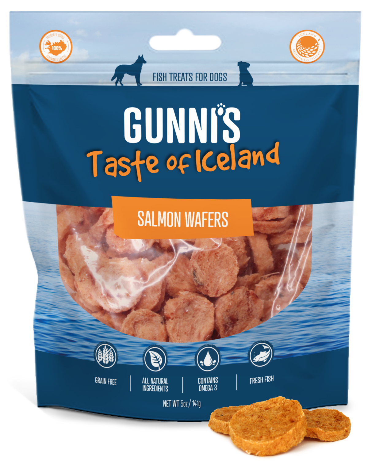 Gunni's Salmon Recipe Wafers dog treats in blue resealable bag, orange-brown thin fish wafers, grain-free and omega-3 rich.