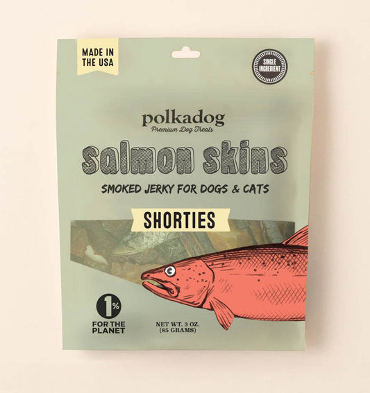 Polkadog Salmon Skin Jerky smoked jerky treat for dogs and cats with sustainable single ingredient salmon skins