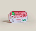 Salmon Topper for Dogs in a pink and white aluminum can with a pull-tab lid and illustrated salmon graphic