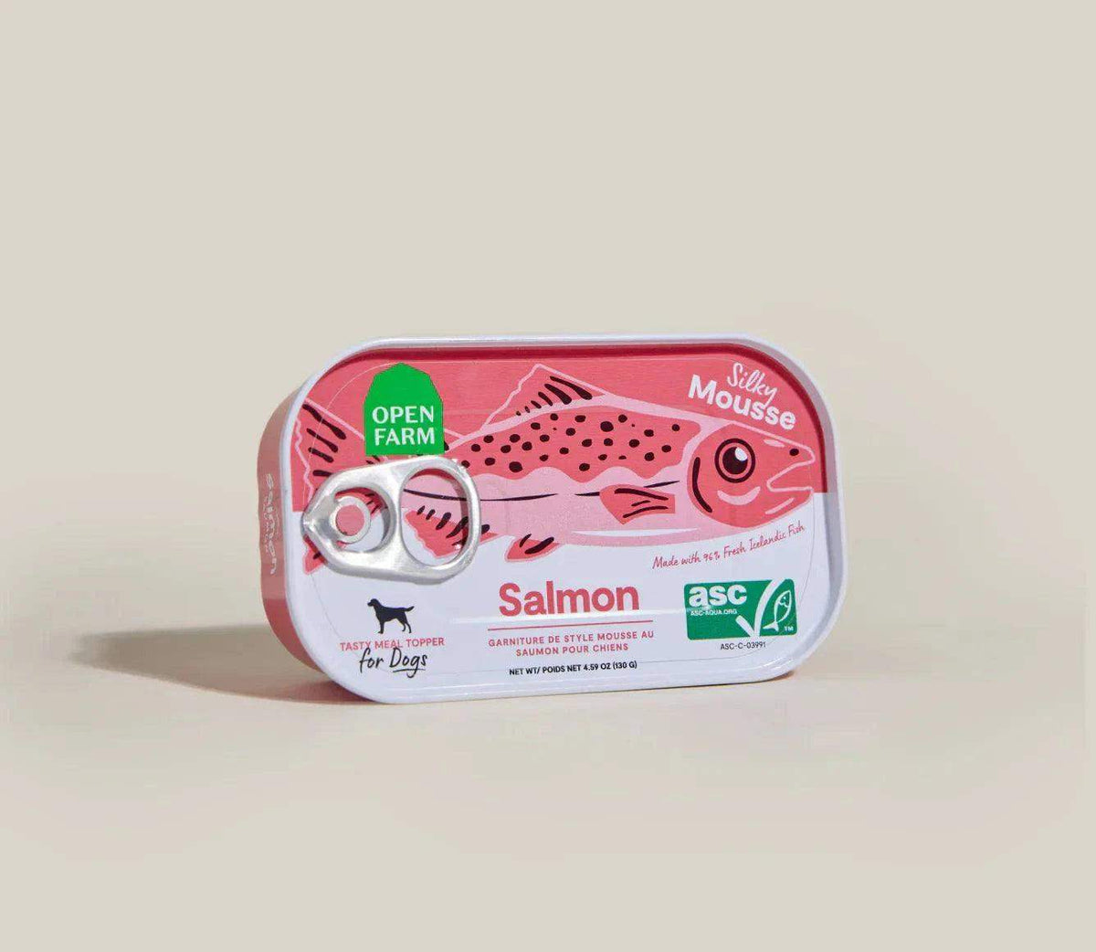 Salmon Topper for Dogs in a pink and white aluminum can with a pull-tab lid and illustrated salmon graphic