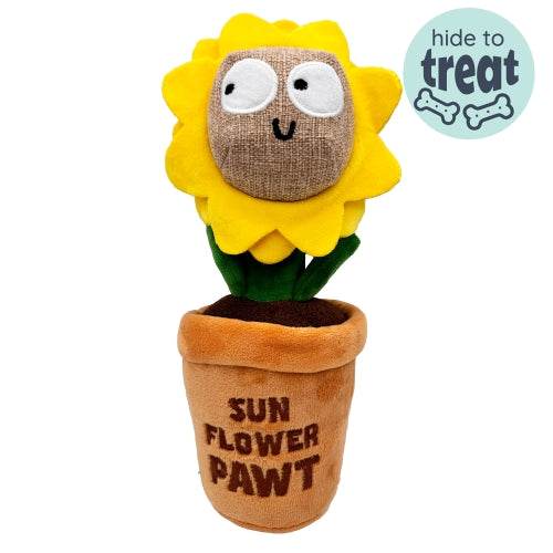 Seek n Treat Sunflower Pawt Dog Toy with treat-hiding, squeaker, and crinkle features for interactive dog play