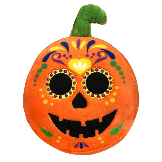 Sugar Skull Pumpkin Dog Toy plush with squeaker and reinforced seams for durability
