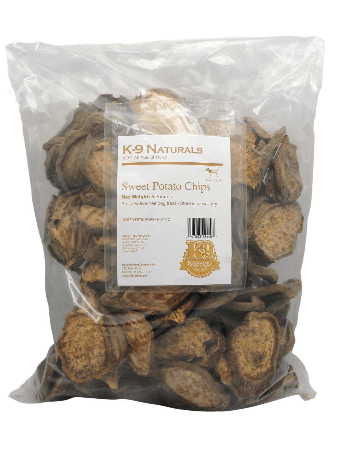 Sweet Potato Chips dog treats in a clear plastic bag, featuring thick, round golden-brown dried slices with wrinkled texture.