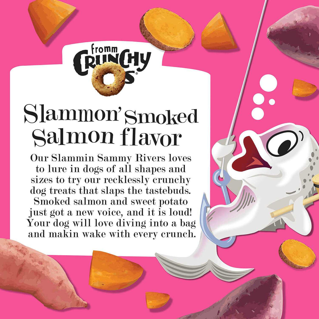 Bag of Crunchy O's Slammon smoked salmon dog treats with nutritional info and ingredients list