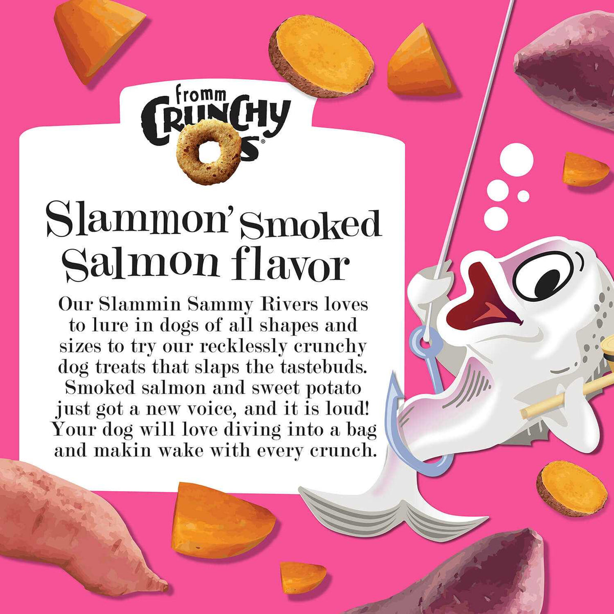 Bag of Crunchy O's Slammon smoked salmon dog treats with nutritional info and ingredients list