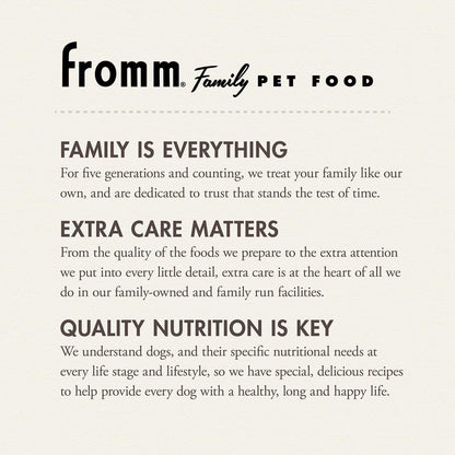 Fromm Family Pet Food Gold Adult dog food for normally active adult dogs with high-quality proteins, whole grains, probiotics for digestion, and omega-rich ingredients for healthy skin and coat.