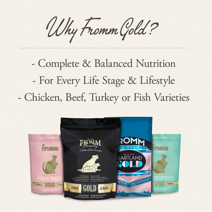 Assorted Fromm Gold dog food bags including Adult Gold with complete and balanced nutrition for normally active adult dogs in chicken, beef, turkey, and fish varieties