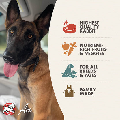 German-inspired Hasen Duckenpfeffer dog food with rabbit, duck, fruits, and vegetables suitable for all breeds and ages