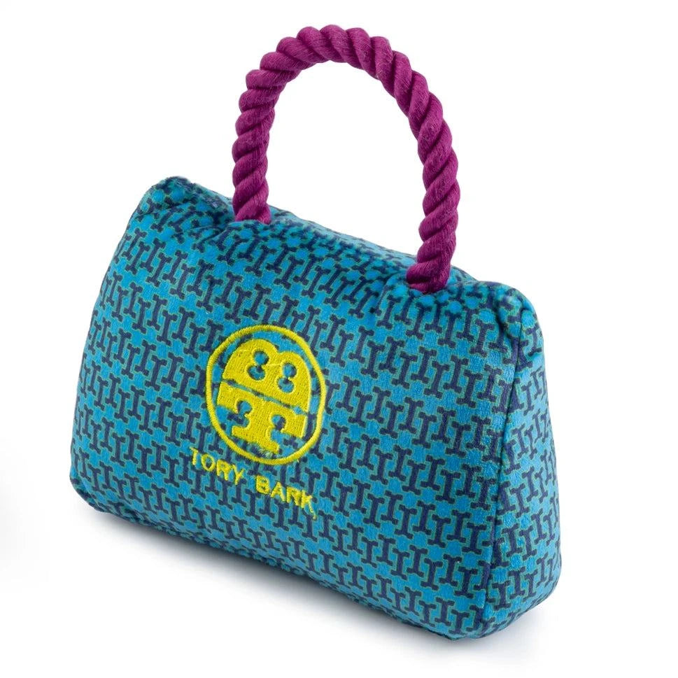 Tory Bark Handbag dog toy with squeaker, small size 6.5x5.25x4 inches, velvet fabric