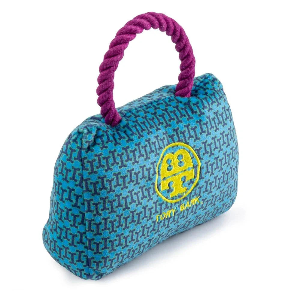 Tory Bark Handbag squeaker dog toy in velvety fabric, measuring 6.5x5.25x4 inches