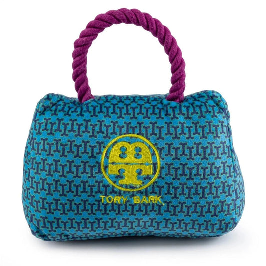 Tory Bark Handbag squeaker dog toy in velvety fabric, small size 6.5x5.25x4 inches