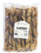 Package of 25 Tremenda Chewy Bulls 12-inch natural beef dog treats for medium chew dogs over 30lbs